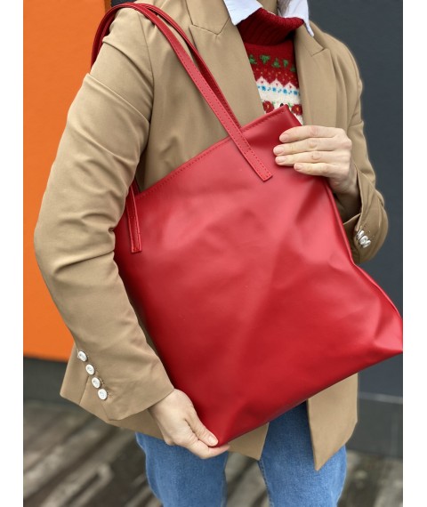 Women's waterproof eco-leather shopping bag with a zipper, red