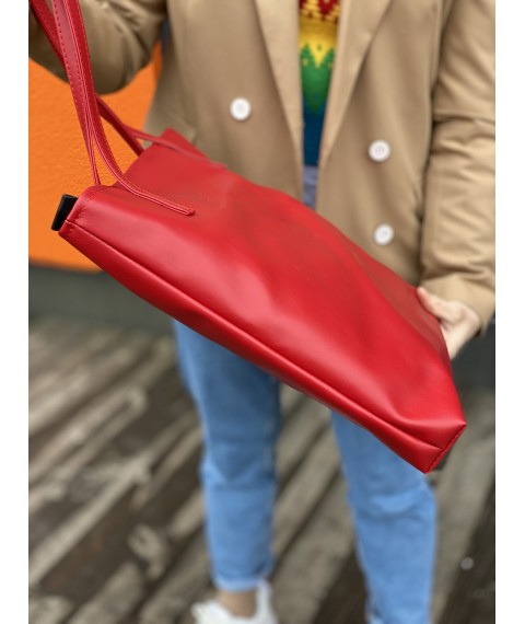 Сумка шоппер  на молнии женская непромокаемая из из экокожи красная