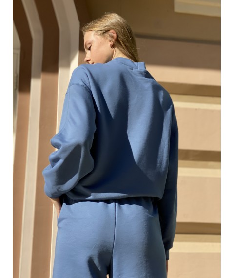 Rundhals-Sweatshirt Damen Basic Casual Herbst Dreifaden Baumwolle blau XS-S