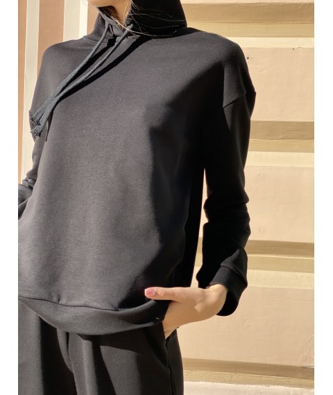 Hoodie sweatshirt with a hood women's autumn cotton three-thread black XS-S