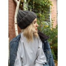 Fashionable knitted winter women's beanie hat with collar graphite