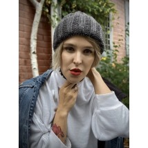 Fashionable knitted winter women's beanie hat with collar graphite