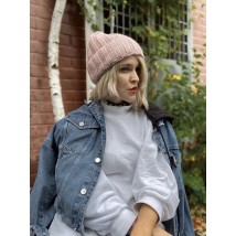 Women's fashionable knitted winter hat with a collar, powdery pink