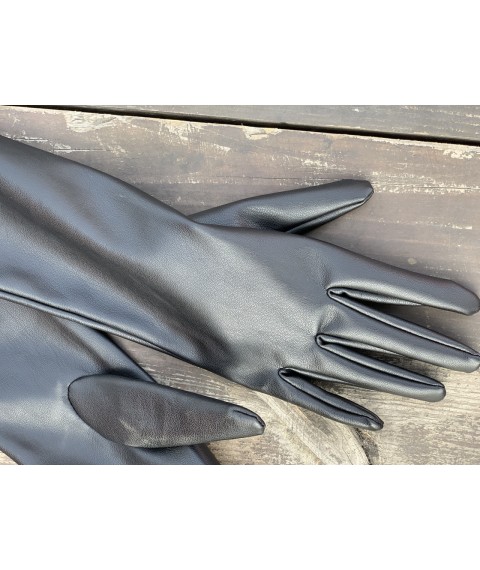 Women's long gloves made of eco-leather warm with black fur