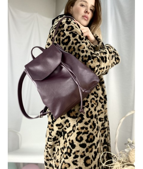 Рюкзак женский городской средний с клапаном с затяжкой на кнопке мягкий из экокожи черный матовый фиолетовый