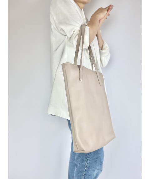 Women's shopper bag made of eco-leather, light beige with a zipper and lining SP2x13