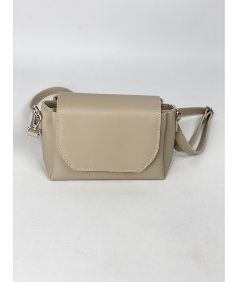 Messenger bag, rectangular, structured with a valve, medium stylish, made of eco-leather, milky-beige