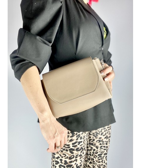 Messenger bag rectangular structured with a flap womens medium stylish eco-leather dark beige