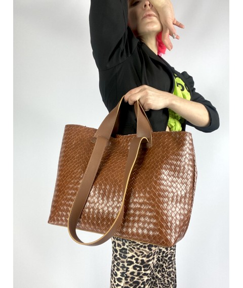 Плетеная женская сумка Ботега из искуственной кожи карамельная SD51x5