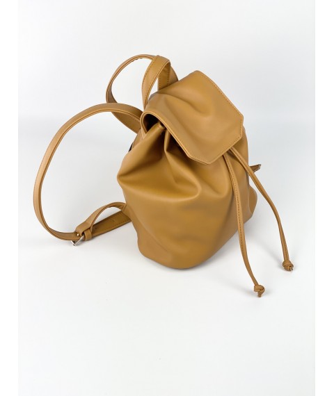 Backpack female urban medium with a flap with a tightening on the button lightweight soft eco-leather mustard yellow