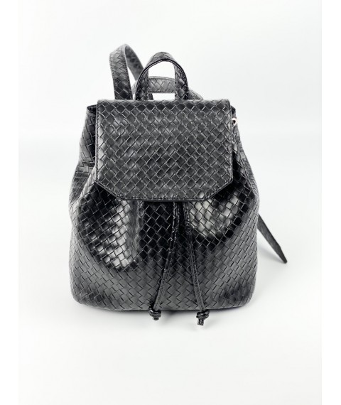 Backpack female urban medium with a flap with a drawstring on the button lightweight soft eco leather braided black
