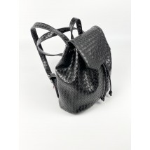 Backpack female urban medium with a flap with a drawstring on the button lightweight soft eco leather braided black