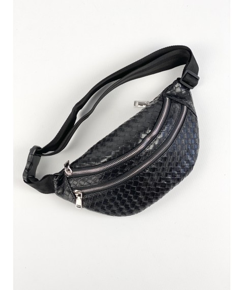 Women's belt bag banana with three compartments urban medium eco-leather black wicker matte 12PSx14