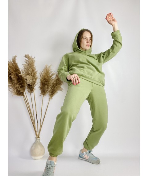 Women's green tracksuit with hoodie and skinny joggers lightweight cotton size SM