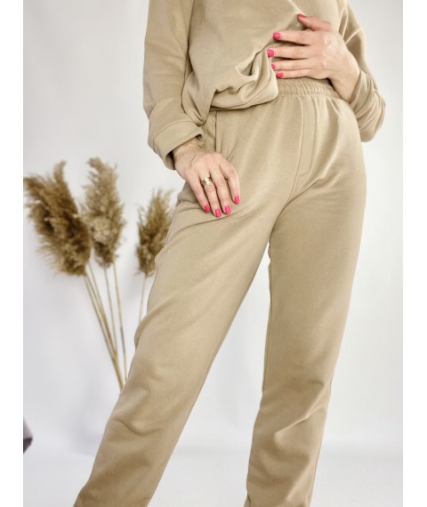 Бежевый спортивный женский костюм с худи и заужеными штанами-джогерами  легкий из хлопка размер M-L