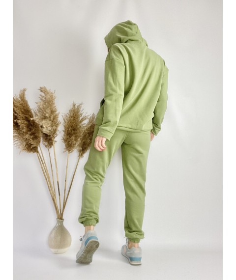 Зеленый спортивный женский костюм с худи и заужеными штанами-джогерами  легкий из хлопка размер M-L