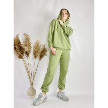 Зеленый спортивный женский костюм с худи и заужеными штанами-джогерами  легкий из хлопка размер M-L