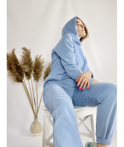 Голубой спортивный женский костюм с худи и заужеными штанами-джогерами  легкий из хлопка размер M-L