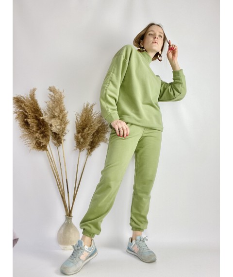 Зеленый спортивный женский костюм со свитшотом оверсайз из хлопка размер S-M