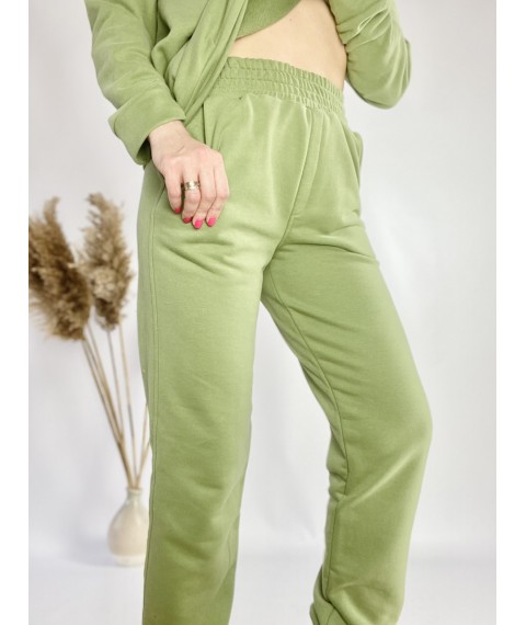 Зеленый спортивный женский костюм со свитшотом оверсайз из хлопка размер S-M