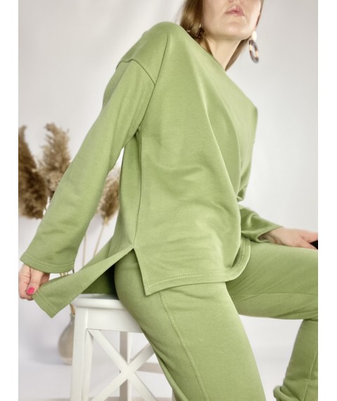 Зеленый спортивный женский костюм с удлиненной кофтой из хлопка размер M-L