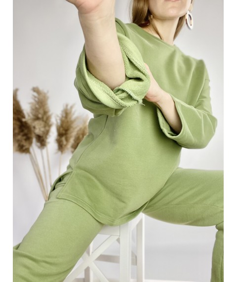 Green women's tracksuit with long cotton sweatshirt size ML