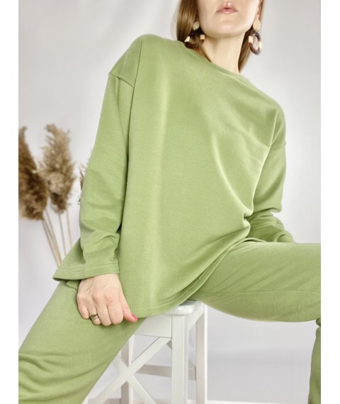 Зеленый спортивный женский костюм с удлиненной кофтой из хлопка размер M-L