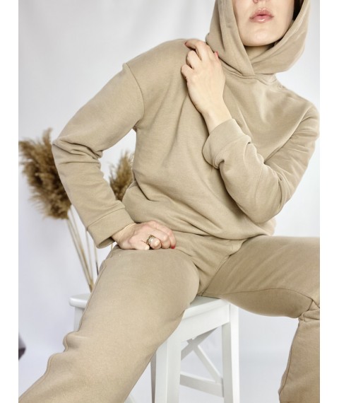 Light beige sweatshirt for women with pockets and a hood made of cotton, size XS-S HDMx7