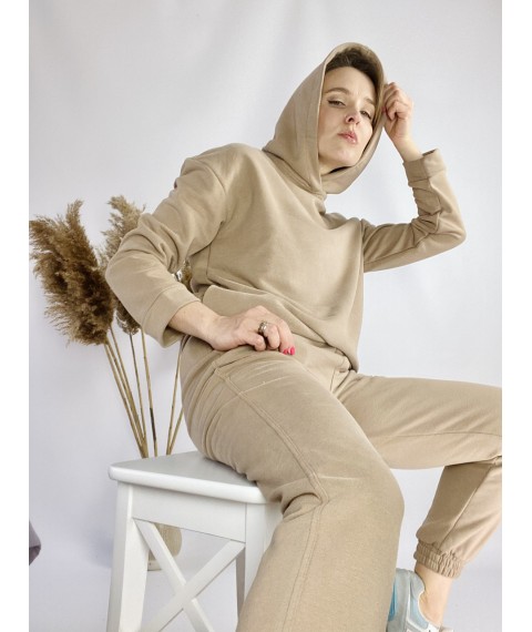 Light beige sweatshirt for women with pockets and a hood made of cotton, size XS-S HDMx7