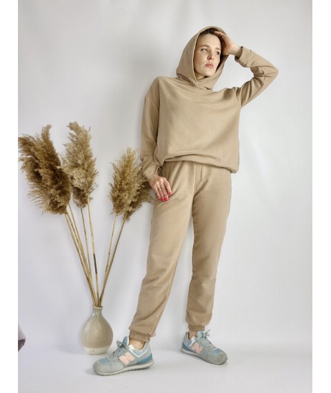 Light beige sweatshirt for women with pockets and a hood made of cotton, size ML (HDMx7)