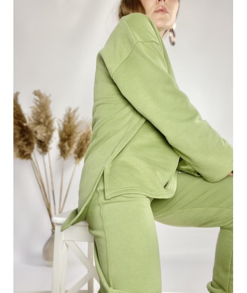 Зеленый реглан-кофта женская удлиненная свободная с разрезами из хлопка легкая размер XS-S (SWTx9)