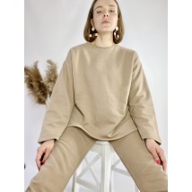 Beige raglan-sweater womens lengthened loose with cuts made of cotton lightweight size ML (SWTx7)