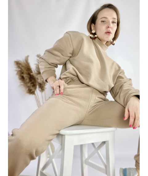 Beige sweatshirt with a stand-up collar for women made of cotton lightweight size XS-S (SWT3x9)