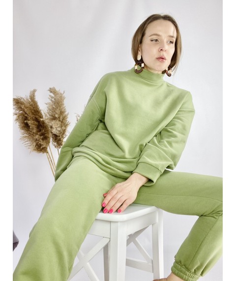 Green sweatshirt with a stand-up collar for women made of cotton lightweight size ML (SWT3x9)