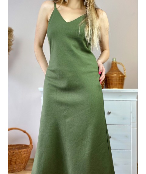 Платье миди на тонких бретелях из льна в размере L хаки (DRS1x3)
