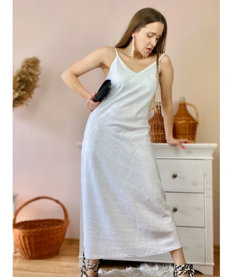 Платье белое миди на тонких бретелях из льна в размере S (DRS1x5)