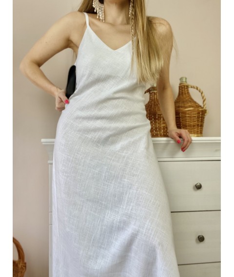 Платье белое миди на тонких бретелях из льна в размере S (DRS1x5)