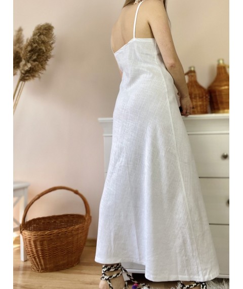 Платье миди белое на тонких бретелях из льна в размере L (DRS1x5)