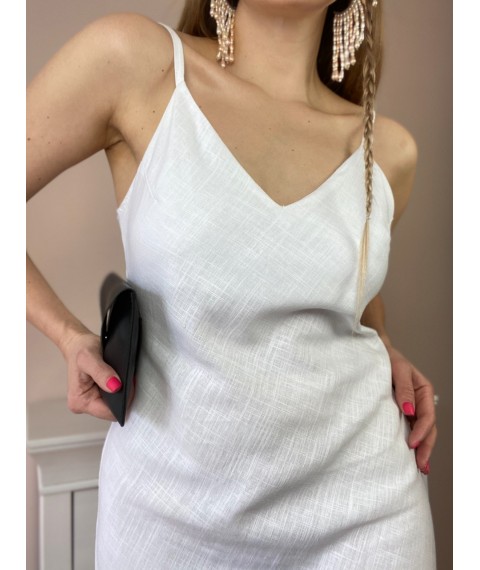 Платье миди белое на тонких бретелях из льна в размере L (DRS1x5)