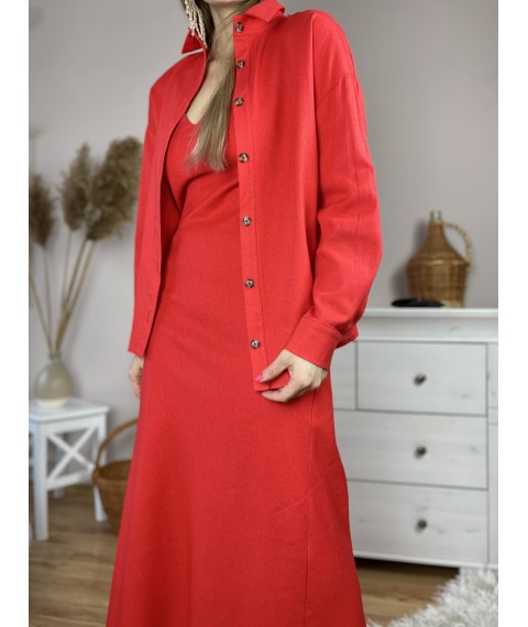 Платье красное миди на тонких бретелях из льна в размере S (DRS1x6)
