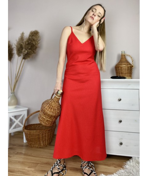 Платье миди красное на тонких бретелях из льна в размере M (DRS1x6)
