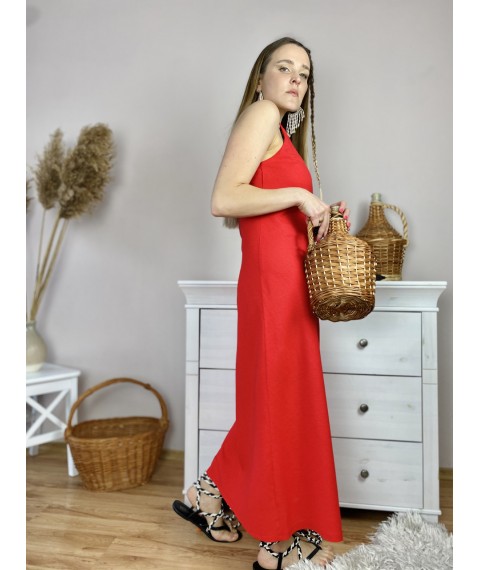 Платье миди красное на тонких бретелях из льна в размере M (DRS1x6)
