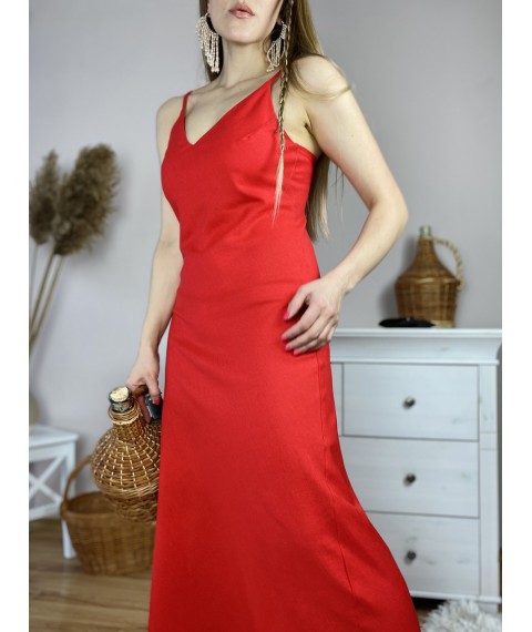 Платье миди красное на тонких бретелях из льна в размере L (DRS1x6)
