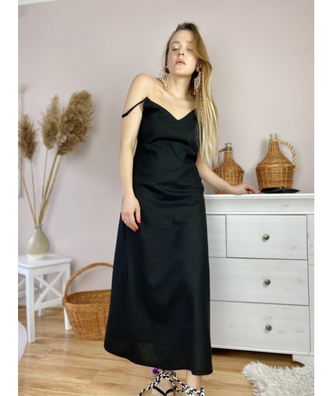 Платье черное миди на тонких бретелях из льна в размере S (DRS1x1)