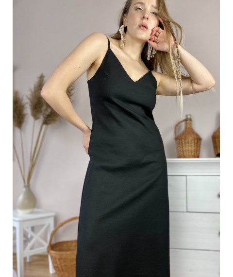 Платье миди черное на тонких бретелях из льна в размере M (DRS1x1)