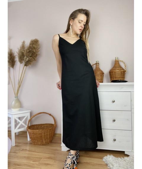 Платье миди черное на тонких бретелях из льна в размере M (DRS1x1)