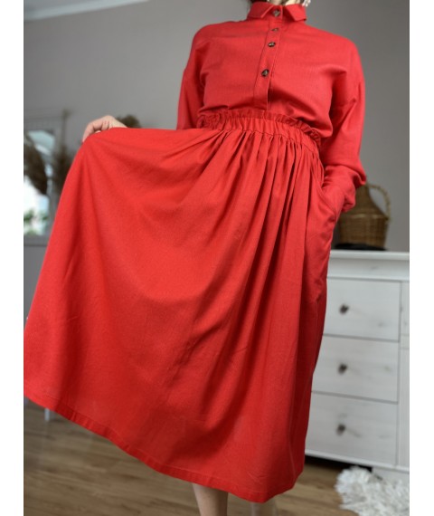 Юбка женская из льна красная на поясе-резинке с боковыми глубокими карманами размер XS-S (SC1x6)