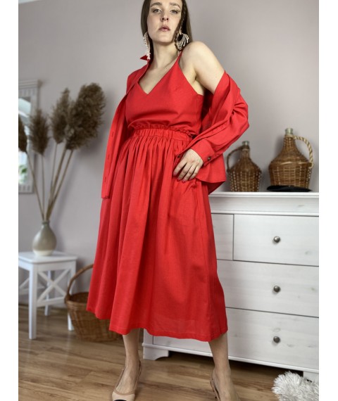 Юбка женская из льна красная на поясе-резинке с боковыми глубокими карманами размер XS-S (SC1x6)