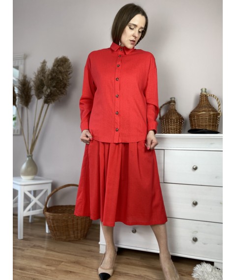 Юбка женская из льна красная на поясе-резинке с боковыми глубокими карманами размер M-L (SC1x6)