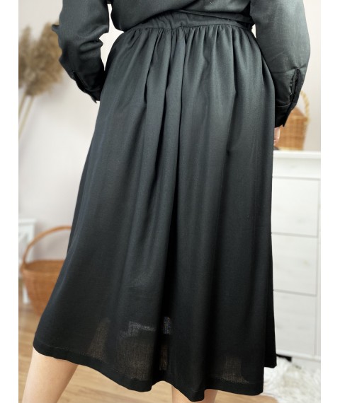 Юбка женская из льна черная на поясе-резинке с боковыми глубокими карманами размер XS-S (SC1x6)